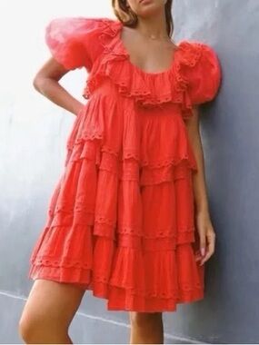 INNIKA CHOO Poinciana Red Organdy Puff Sleeve Scalloped Layer Mini Dress
